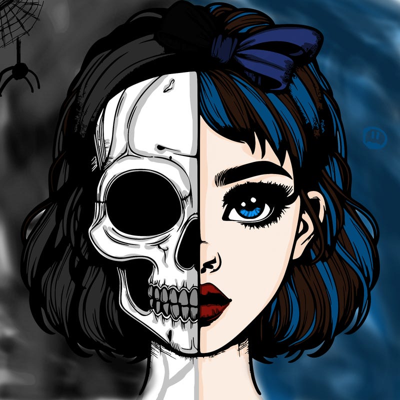 realistic girl with half skull mask