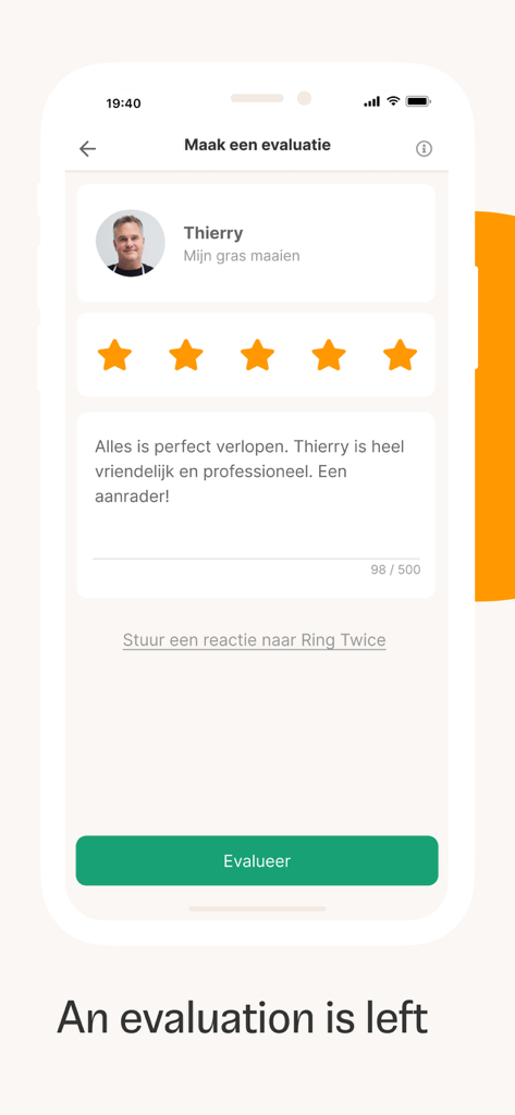 Ring Twice - A mobile interface of the Ring Twice app showing a five star rating and positive written review for a service provider named Thierry