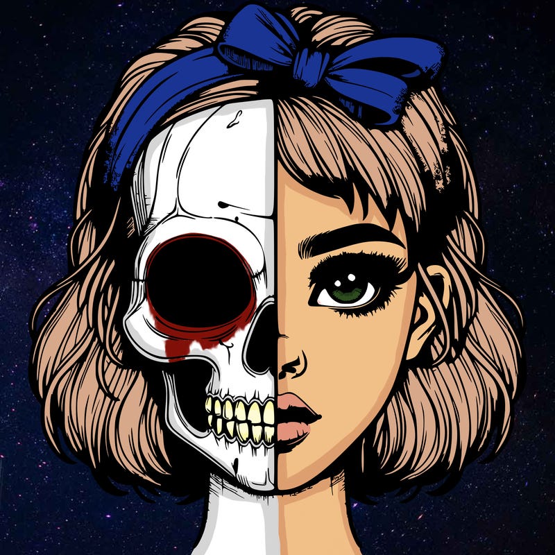 realistic girl with half skull mask
