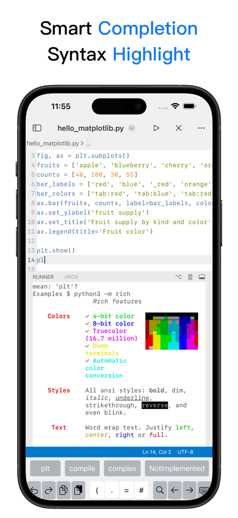 Python3IDE - Python3IDE mobile code editor featuring syntax highlighting and smart completion suggestions