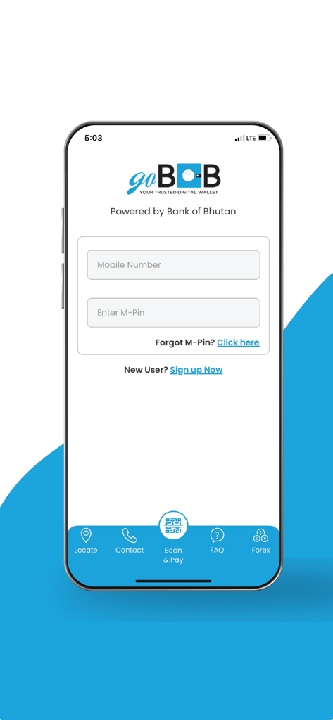 goBoB - Login interface for the goBoB digital wallet app by Bank of Bhutan.