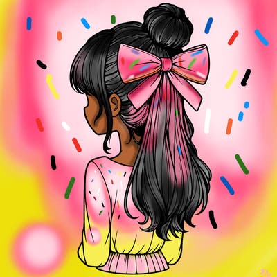 realistic girl  with hip length hair a bun and a big bow on the back of head