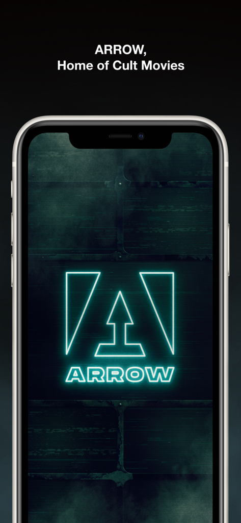 ARROW Player - A tela de abertura do aplicativo ARROW Player com o logotipo azul neon e o slogan Home of Cult Movies