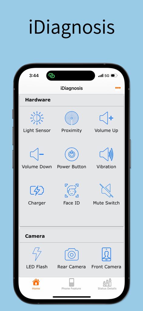 iDiagnosis app screen showing hardware and camera diagnostic options.