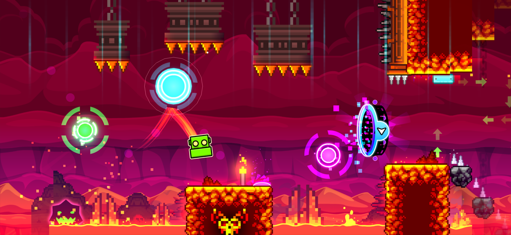 Geometry Dash - Green square character jumping through a fiery neon level in Geometry Dash
