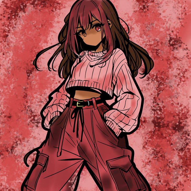 anime teen girl with baggy pants and crop top with sweater