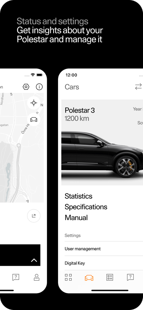 Polestar - Interface of the Polestar app showing car status and management settings