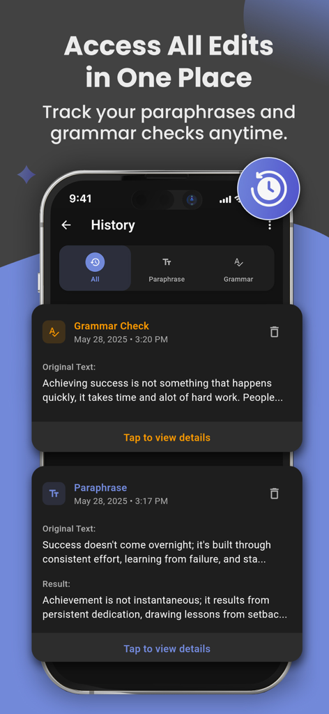 AI Paraphraser: Rephrase App - Una pantalla móvil que muestra el historial de textos parafraseados y los resultados de la verificación gramatical en modo oscuro