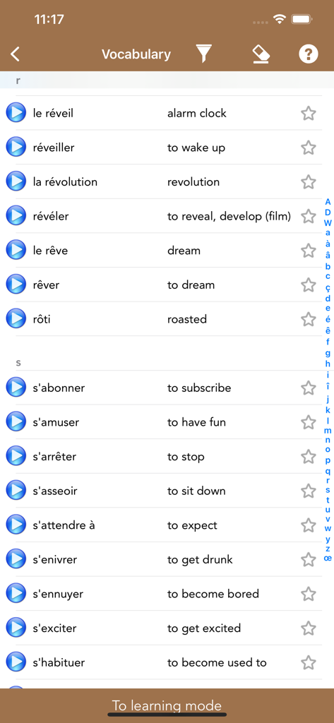 French Class - French Class app screen showing a list of French vocabulary words with English translations and audio play buttons