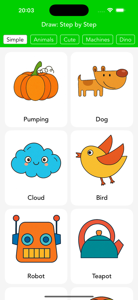 Draw: Step-by-Step Art Guide - Interfaz mostrando categorías de dibujo como simple y animales con iconos de un perro, pájaro y robot