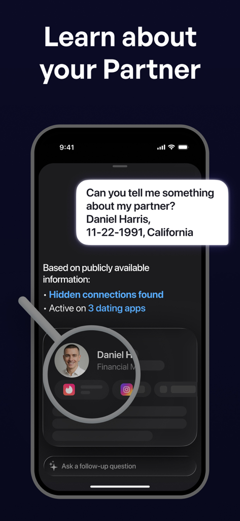 Mobile app interface of Truth Finder showing search results for a partner with dating app details