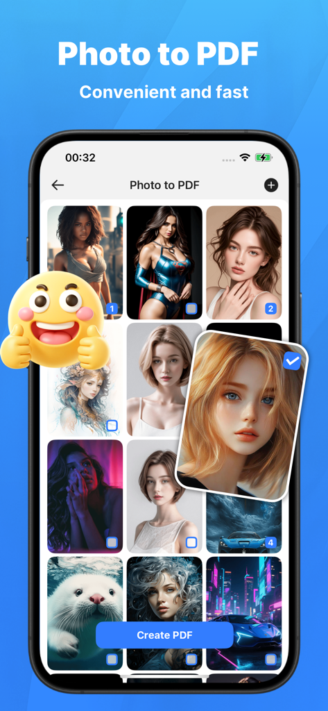 Docu PDF Lite: Editor & Reader - Docu PDF Liteアプリのモバイルインターフェース。ギャラリー選択画面で、写真からPDFへの変換機能を示しています。