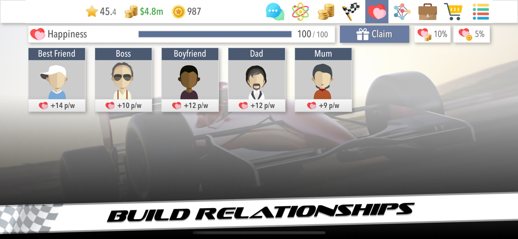Motorsport Superstar - Screenshot of Motorsport Superstar game showing the build relationships menu with social contacts like best friend boss and parents