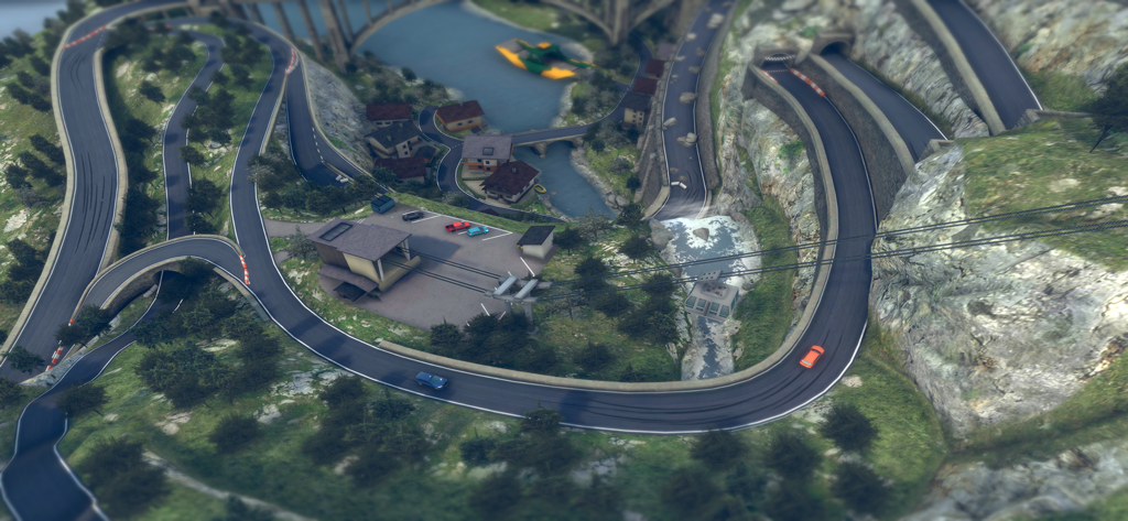 Top Drives - Car Race Battles - Top-down view of cars racing on a winding mountain road circuit in Top Drives