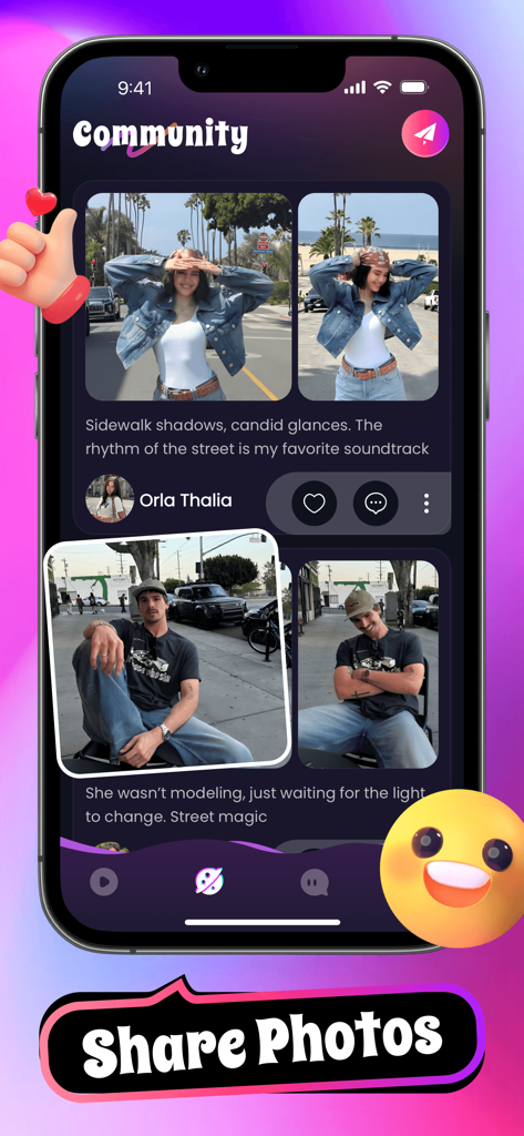 ChatOnline: Live Video Call - ChatOnlineアプリのコミュニティフィードで、都会のストリート写真と写真共有プロンプトが表示されています