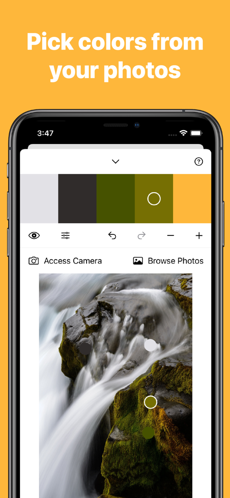 Pocket Palette - Pocket Palette app interface showing a color eyedropper tool extracting a palette from a waterfall photo