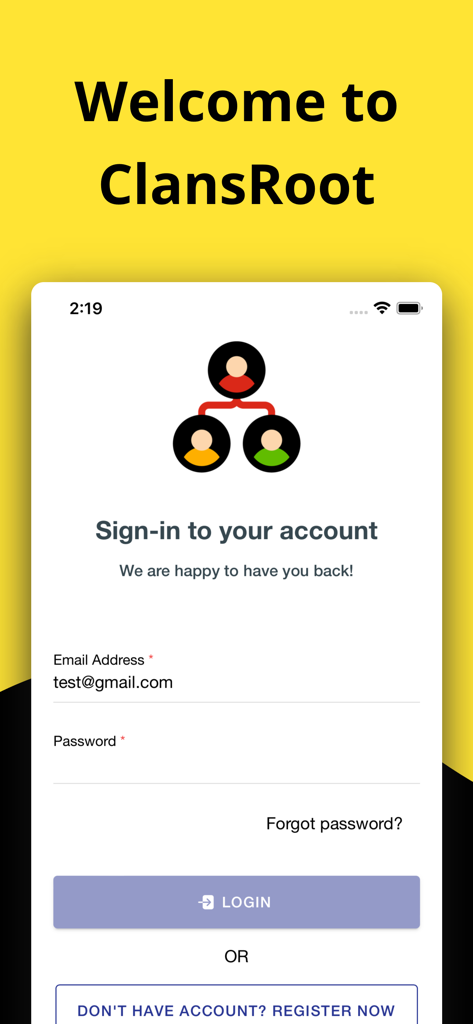ClansRoot - Family Tree Maker - Login screen of the ClansRoot family tree maker app featuring a sign-in form with email and password fields