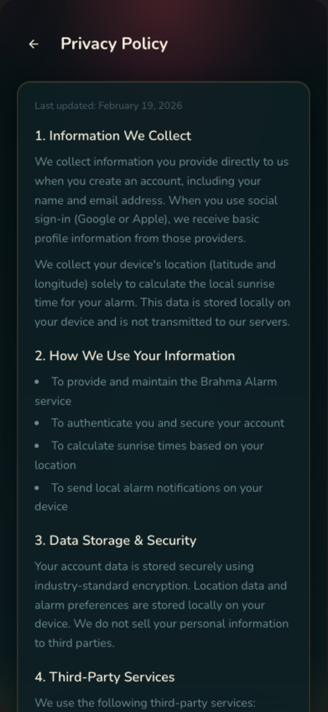 Brahma Alarm - Brahma Alarmアプリのプライバシーポリシー画面。データ収集とセキュリティ対策について詳述されています。