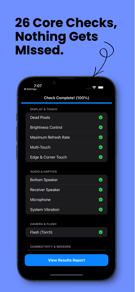 DeepCheck: The iPhone Report - DeepCheck app showing a completed iPhone hardware test with green checkmarks for various components like display, audio, and sensors
