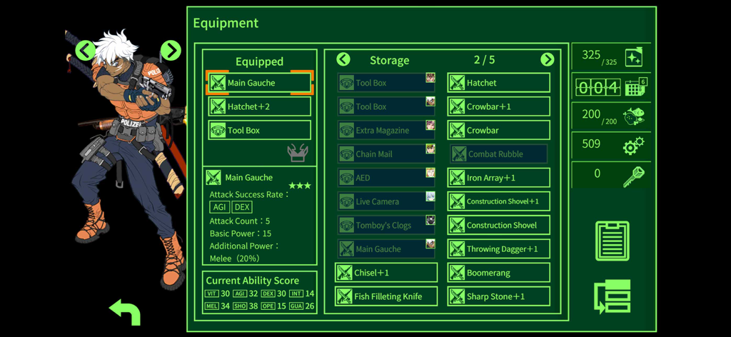 METRO QUESTER | OSAKA - Character equipment and inventory screen with a retro green terminal interface in Metro Quester Osaka