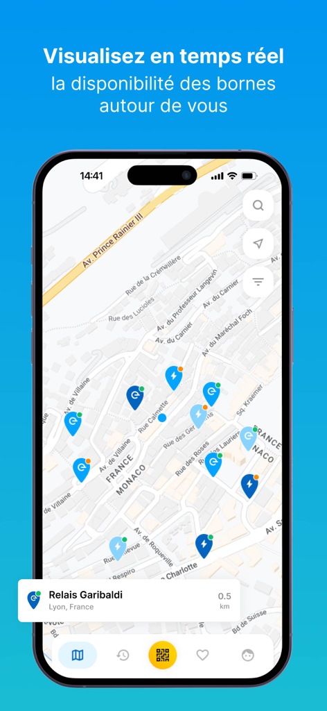 EVzen Charge - Map interface of EVzen Charge app showing real time availability of electric vehicle charging stations in France