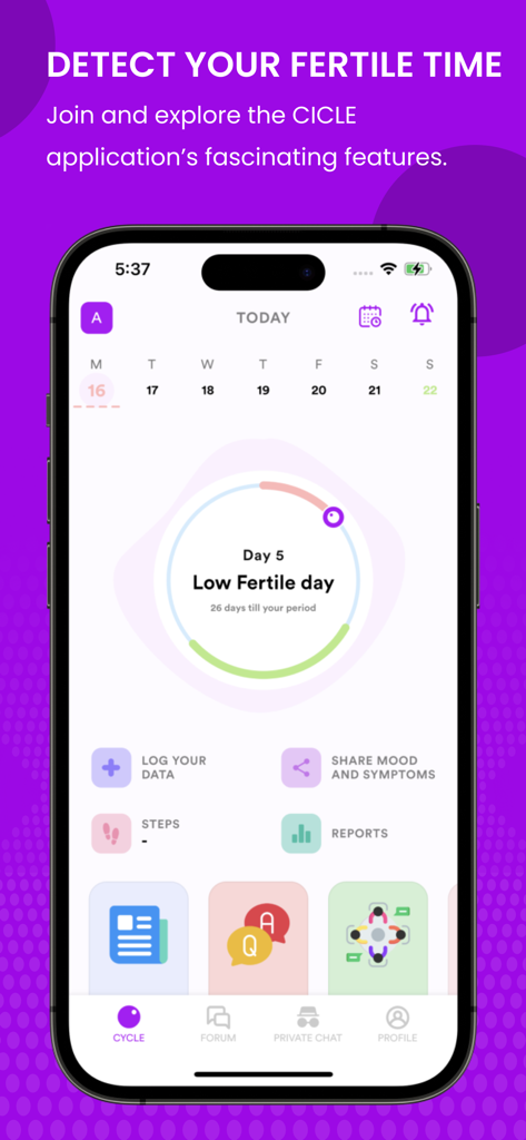 CICLE app home screen displaying low fertile day status and health tracking options