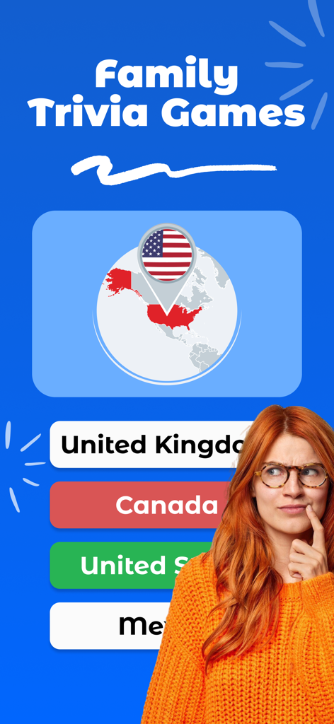 Quizy - General Knowledge Quiz - Una mujer mirando una pregunta de trivia de geografía en la aplicación Quizy