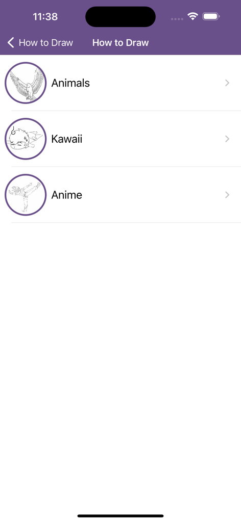 How To Draw Step By Step Easy - Menú principal de la aplicación de dibujo mostrando categorías de tutoriales para Animales Kawaii y Anime.