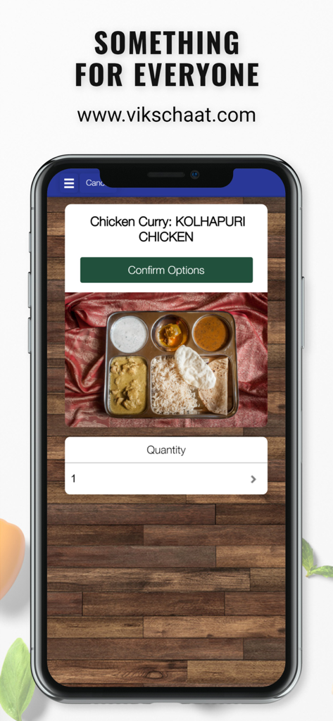 Viks Chaat - Viks Chaat app interface displaying a Kolhapuri Chicken meal order on an iPhone