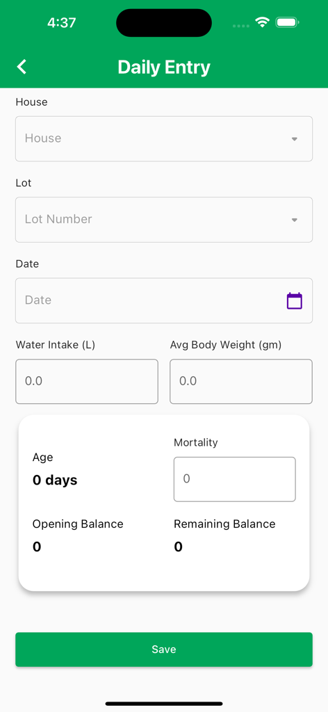 Broiler Plus - Daily entry form in the Broiler Plus app for poultry farmers to log flock mortality and water intake