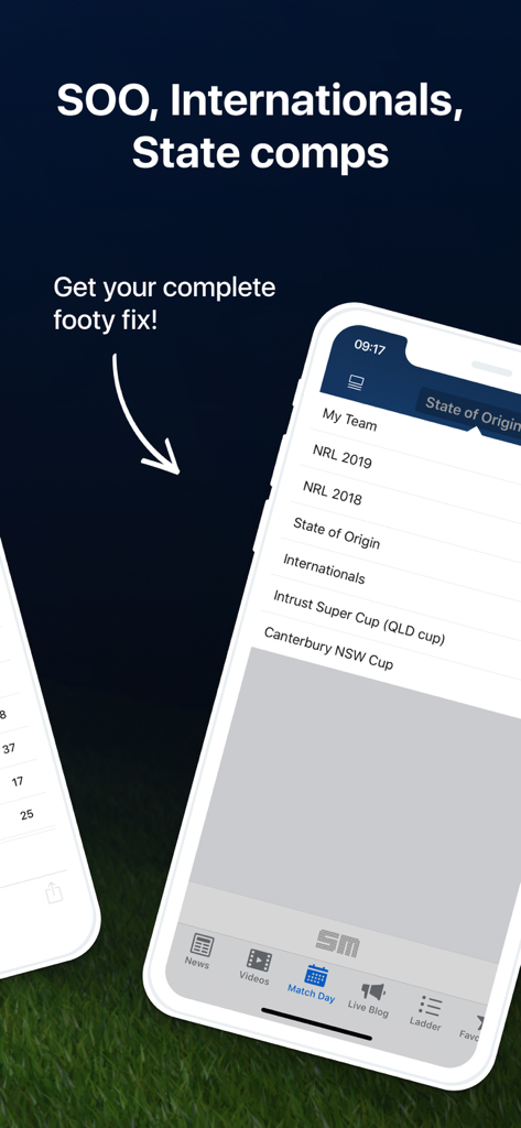 Rugby League Live app menu displaying coverage of State of Origin and international competitions