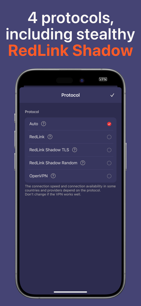 Red Shield VPN - Red Shield VPN protocol selection screen showing stealthy RedLink Shadow options