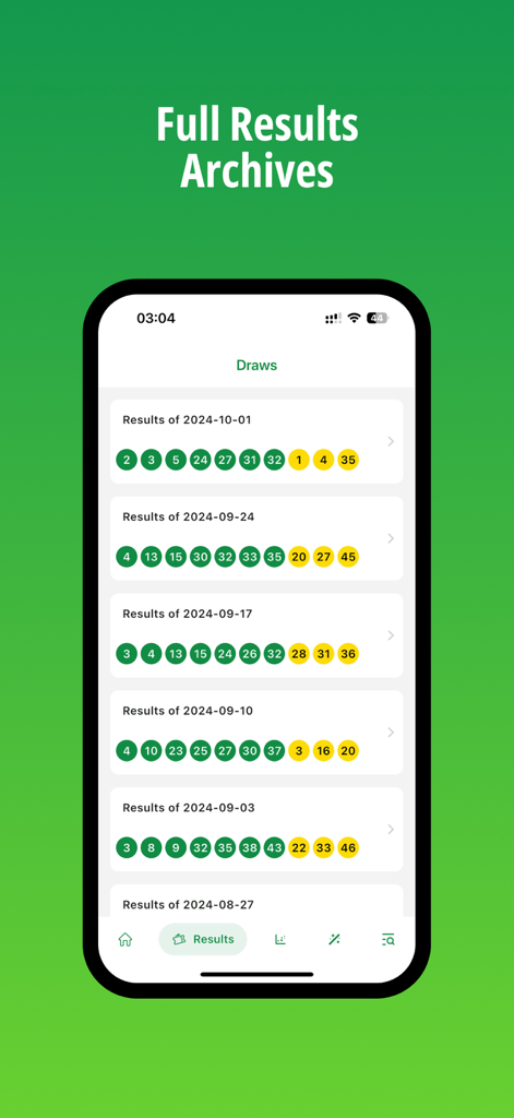 OZ Lotto - OZロトアプリの画面に、当選番号が付いた過去の抽選の完全な結果アーカイブが表示されています