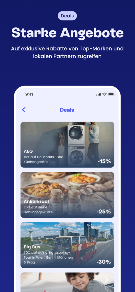 spendit | myBenefits - Oberfläche der spendit App, die exklusive Rabatte und Angebote von Marken wie AEG und Big Bus anzeigt