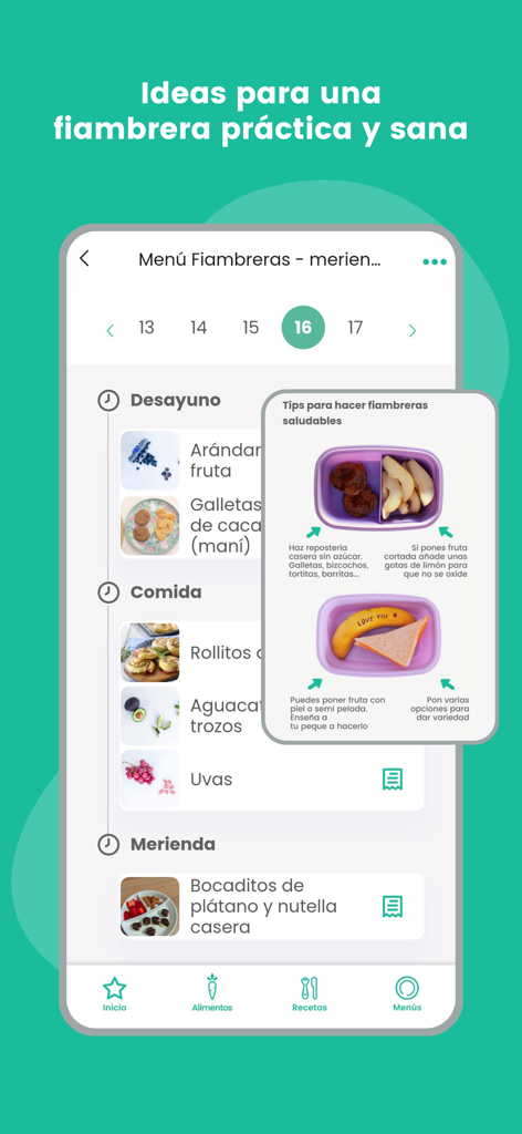 Menu de boîte à lunch saine et conseils nutritionnels pour enfants dans l'application Peque Ideas