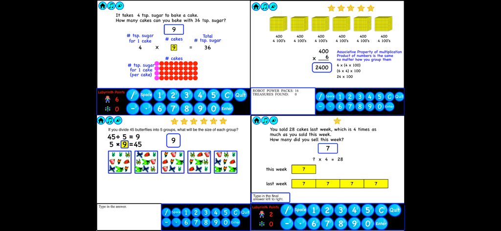 4th Grade Math - Math Galaxy - Collage of four screenshots from the Math Galaxy app showing various 4th grade math problems and visual learning aids