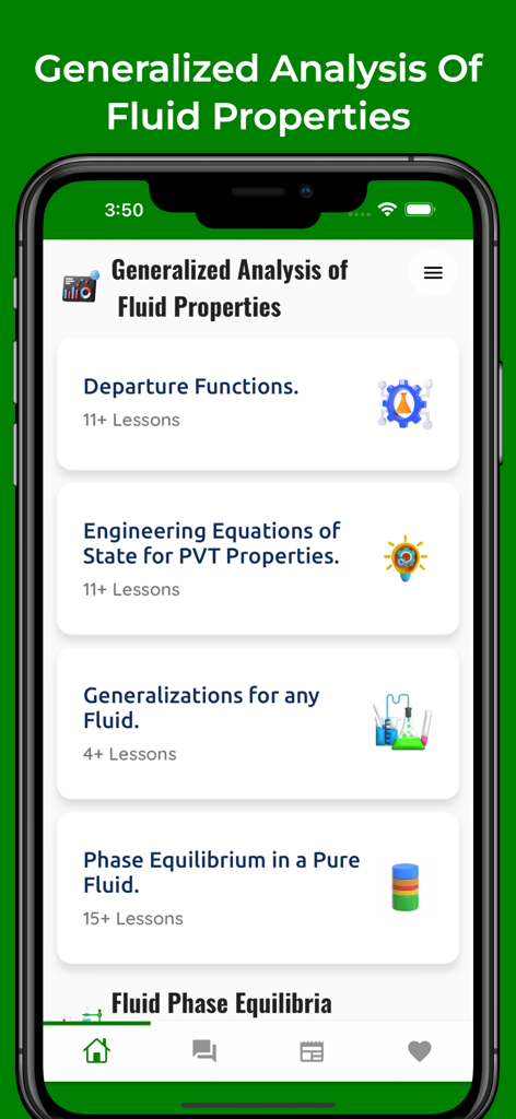 Oberfläche der mobilen App, die Lektionen im Chemieingenieurwesen zu Fluideigenschaften und technischen Zustandsgleichungen anzeigt.
