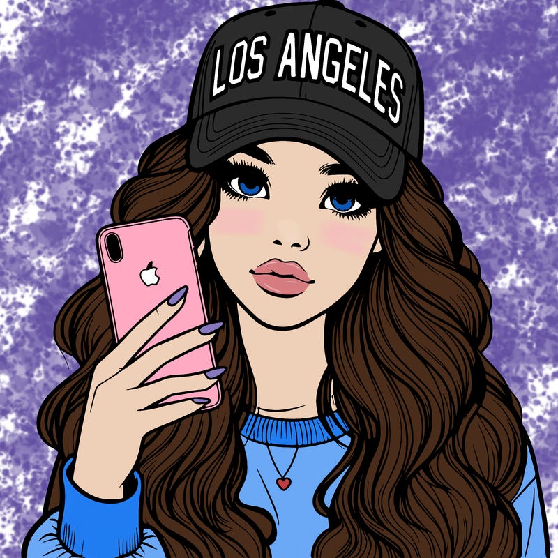 realistic beautiful girl wearing los ángeles cap holding an iphone