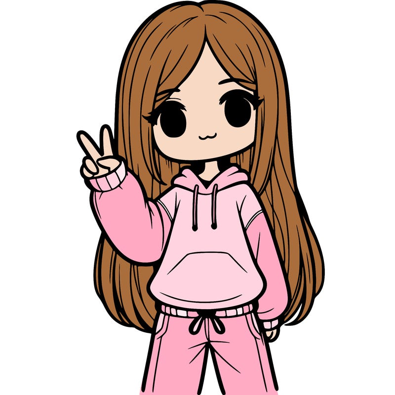 girl with straight down hair wearing a sweater and sweatpants doing the peace sign
