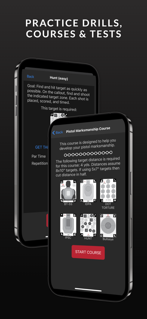 Mantis Laser Academy - Screenshot of the Mantis Laser Academy app showing various pistol marksmanship training drills and target types.