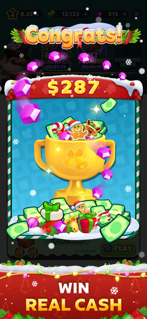 Solitaire Infinite: Win Cash - Ein Glückwunschbildschirm von Solitaire Infinite, der eine goldene Trophäe voller Geld und Weihnachtsdekorationen zeigt, die einen Gewinn von 287 Dollar symbolisieren.