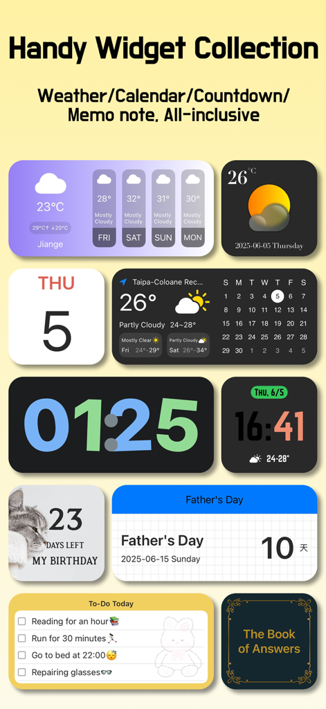 Una varietà di widget estetici per iOS, tra cui previsioni meteo, calendario, orologio digitale e lista delle cose da fare.