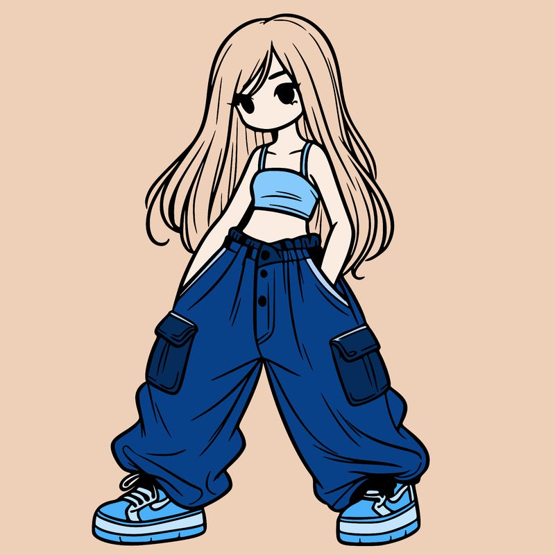 girl in baggy pants, crop top, and long hair