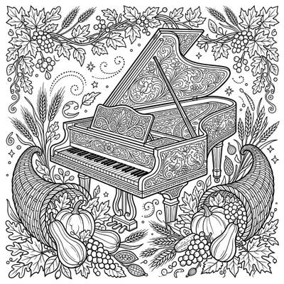 Immerse yourself in the beauty of music and autumn with this unique harpsichord and Thanksgiving harvest coloring page. It's a perfect blend of classical elegance and seasonal bounty, ready for your creative touch.