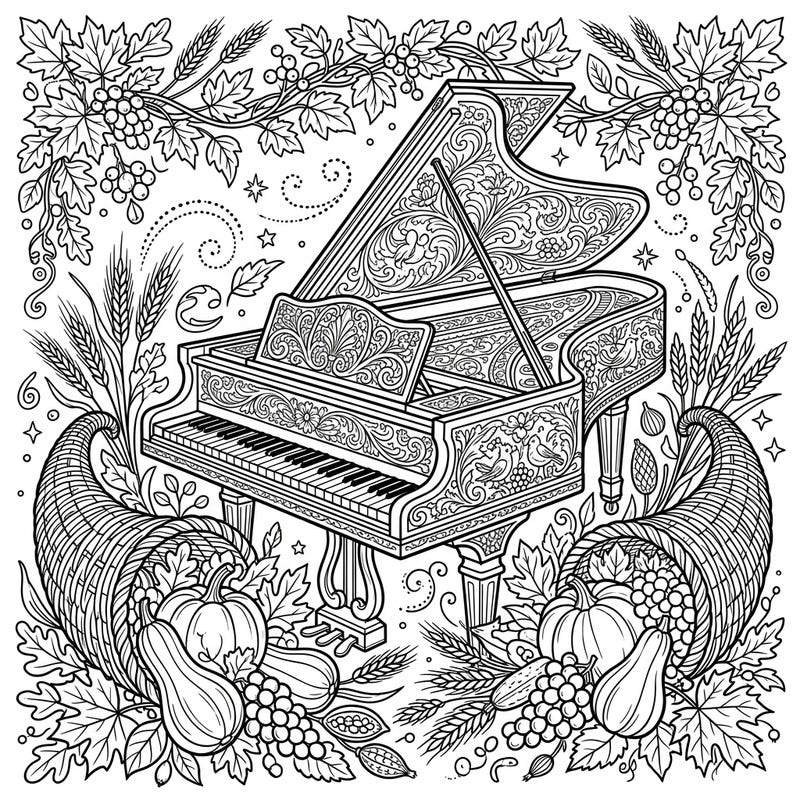 Immerse yourself in the beauty of music and autumn with this unique harpsichord and Thanksgiving harvest coloring page. It's a perfect blend of classical elegance and seasonal bounty, ready for your creative touch.