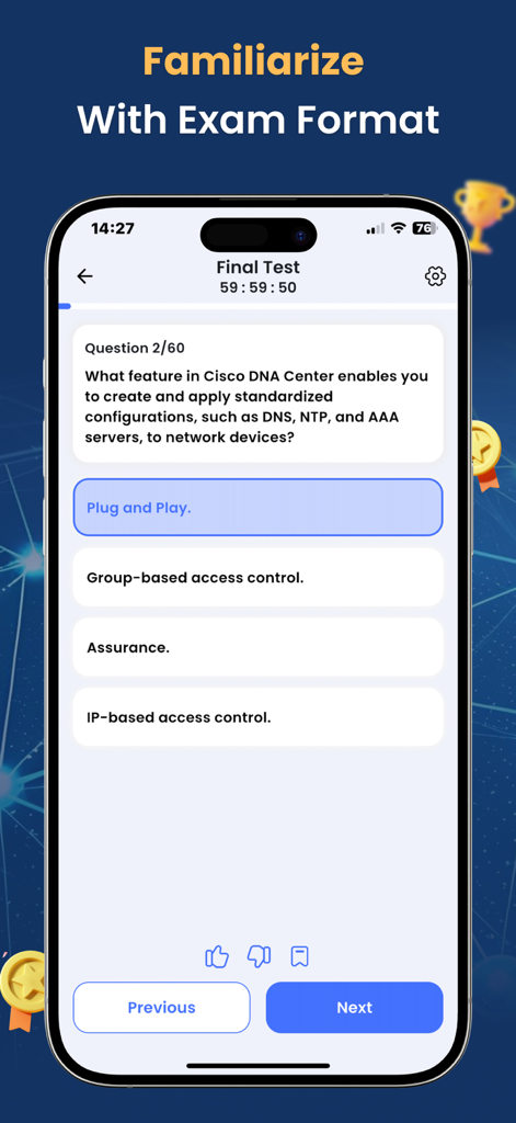 Benutzeroberfläche der CCNA-Prüfungsvorbereitungs-App zeigt eine Abschlussfrage und Multiple-Choice-Optionen auf einem mobilen Bildschirm