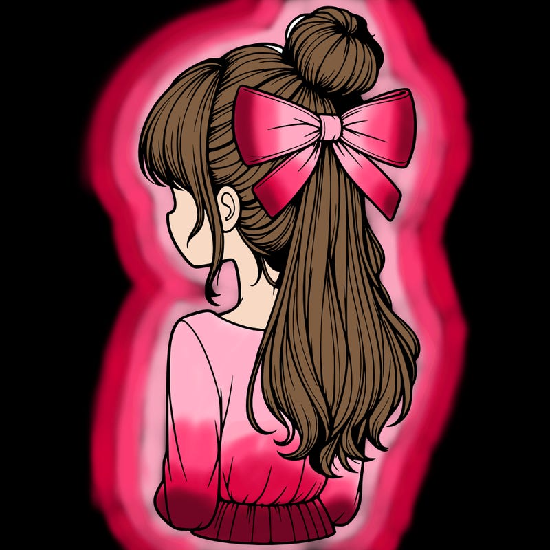 realistic girl  with hip length hair a bun and a big bow on the back of head