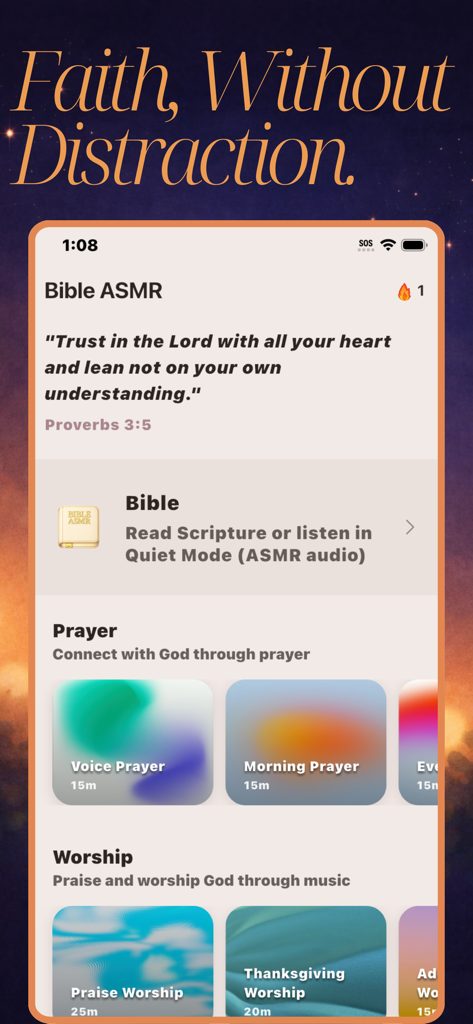 Bible ASMR - Bible ASMR app interface featuring scripture quotes prayer and worship audio options