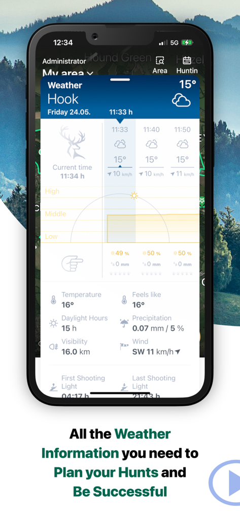A smartphone screen displaying detailed hunting weather information and shooting light times in the MyHunt app