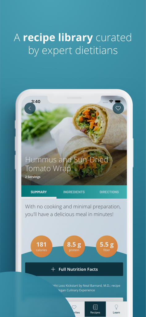 Hummus wrap recipe screen showing nutritional facts and ingredients in the 21-Day Vegan Kickstart app